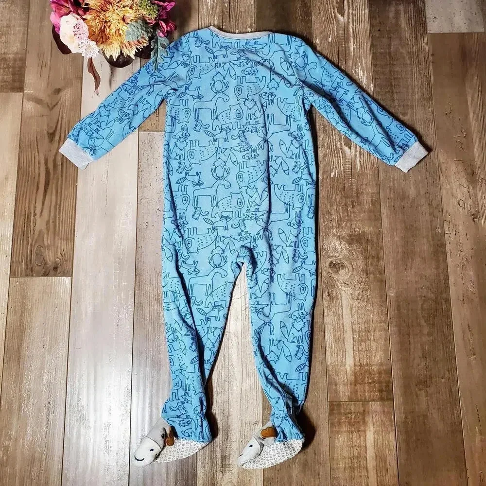 Carter's Blue Forest Animal Print Fleece Blanket Sleeper Pajamas Boys Size 4T